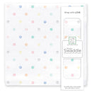 Muslin swaddle blanket featuring a watercolor mini dots pattern in pastel colors, dimensions 46 x 46 inches.