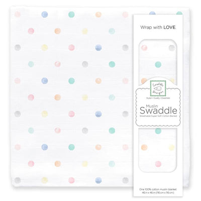 Muslin swaddle blanket featuring a watercolor mini dots pattern in pastel colors, dimensions 46 x 46 inches.