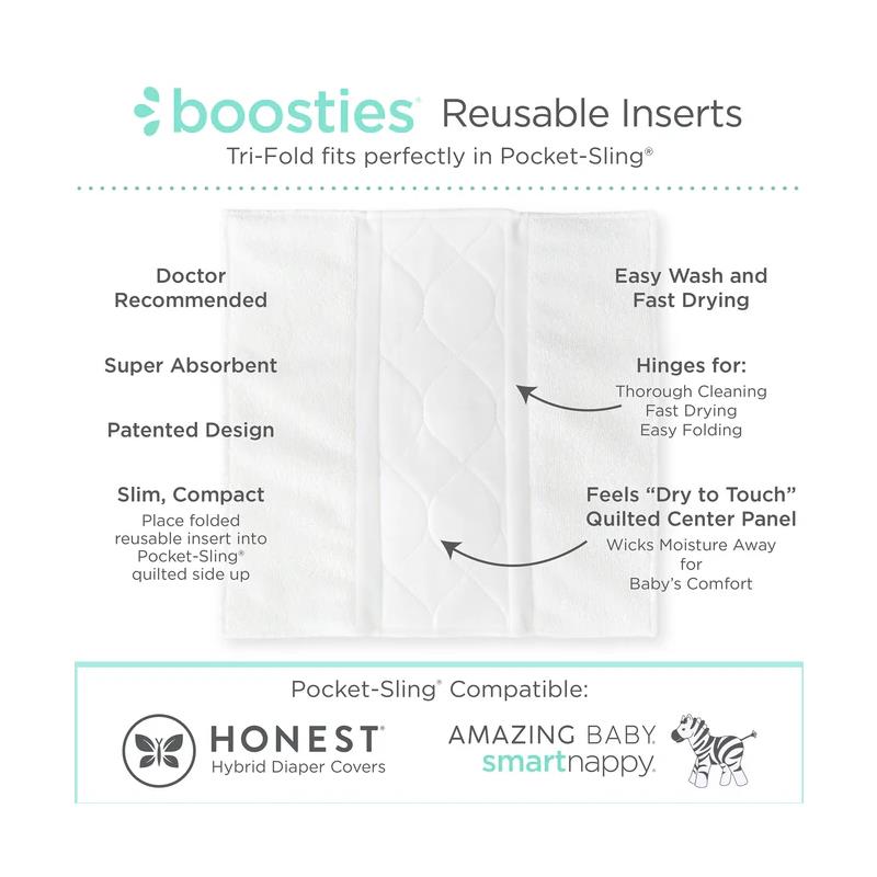 Boosties reusable inserts, tri-fold design for Pocket-Sling®, highlighting features like absorbency and easy washing.