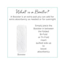 Disposable booster pad with quilted texture, used to enhance absorbency in diaper inserts, with usage instructions.