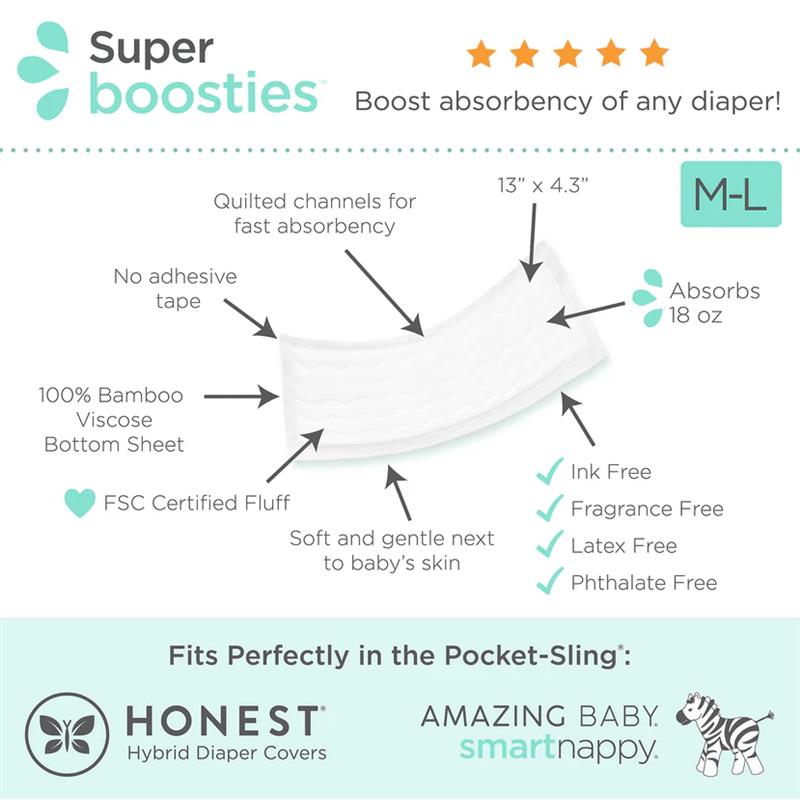 Swaddle Designs Pack of 30 Boosties Disposable Inserts, M/L, featuring a quilted insert designed to enhance diaper absorbency, absorbing 18 oz.
