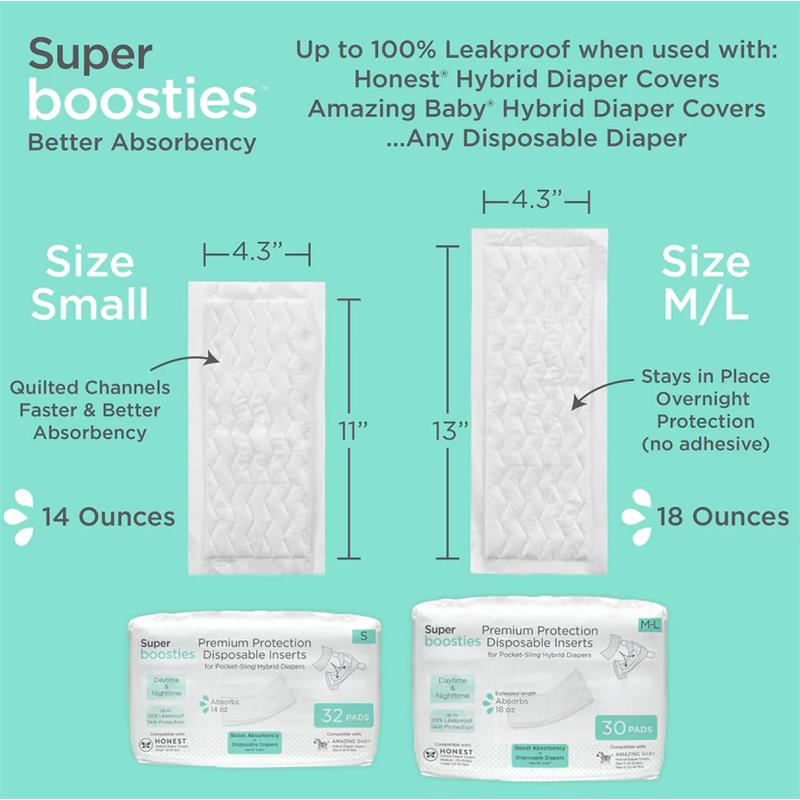 Super boosties disposable inserts pack featuring two sizes, Small and M/L, with details on absorbency and dimensions.
