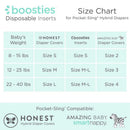 Size chart for boosties disposable inserts, detailing sizes M/L for various baby weights and compatible diaper covers.