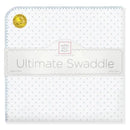Ultimate Swaddle Blanket from Swaddle Designs in pastel blue with white polka dots, made of 100% cotton.