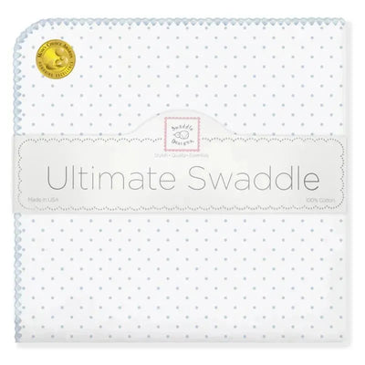 Ultimate Swaddle Blanket from Swaddle Designs in pastel blue with white polka dots, made of 100% cotton.
