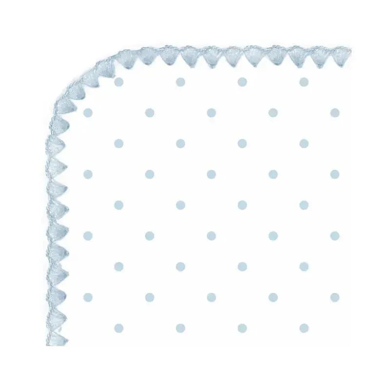 Ultimate Swaddle Blanket by Swaddle Designs in pastel blue with white polka dots and a decorative scalloped edge.
