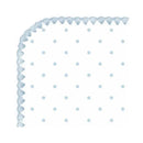 Ultimate Swaddle Blanket by Swaddle Designs in pastel blue with white polka dots and a decorative scalloped edge.