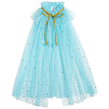Aqua star cape kids dress up, featuring a light blue, starry tulle fabric with a golden trim and bow detail.