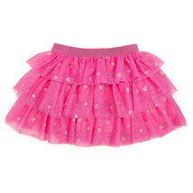 Pink heart-patterned tutu with layered ruffles and a glittery waistband, designed for young girls.