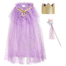 Lavender dress-up kit featuring a sparkly tulle cape, a gold crown, and a star wand with a ribbon tail.
