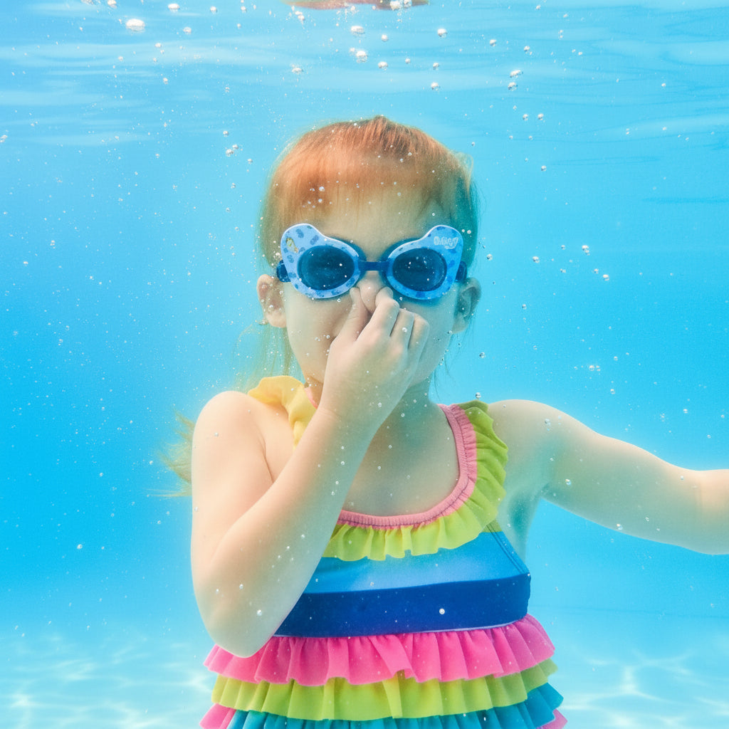 Child wearing Swimways Bluey swim goggles, underwater, holding her nose, in a colorful striped swimsuit.