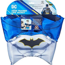 SwimWays Swim Trainer Life Jacket featuring a blue design with a Batman logo, designed for children weighing 30-125 lbs.