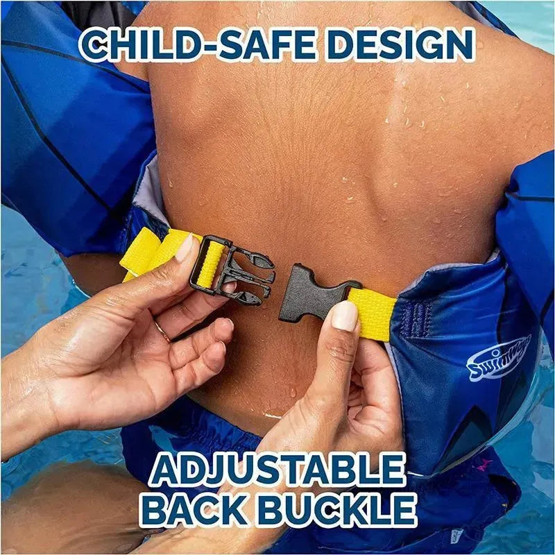 Child wearing a SwimWays Swim Trainer Life Jacket, featuring a yellow adjustable back buckle for safety.