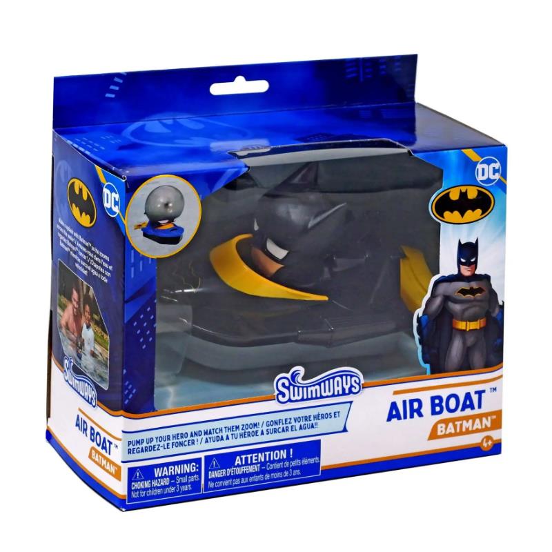 Swimways Marvel Air Boat featuring a Batman figure in packaging, with text highlighting its use and safety warnings.