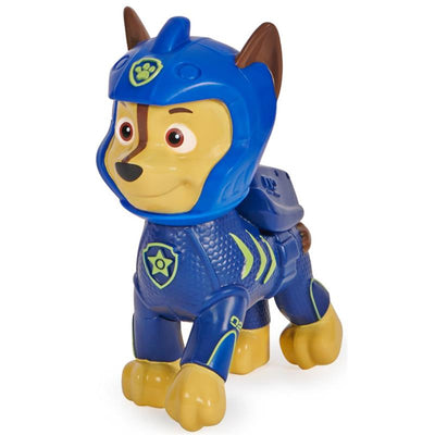 Floating Paw Patrol figure of a dog in a blue uniform, featuring a helmet and badge, ideal for water play.