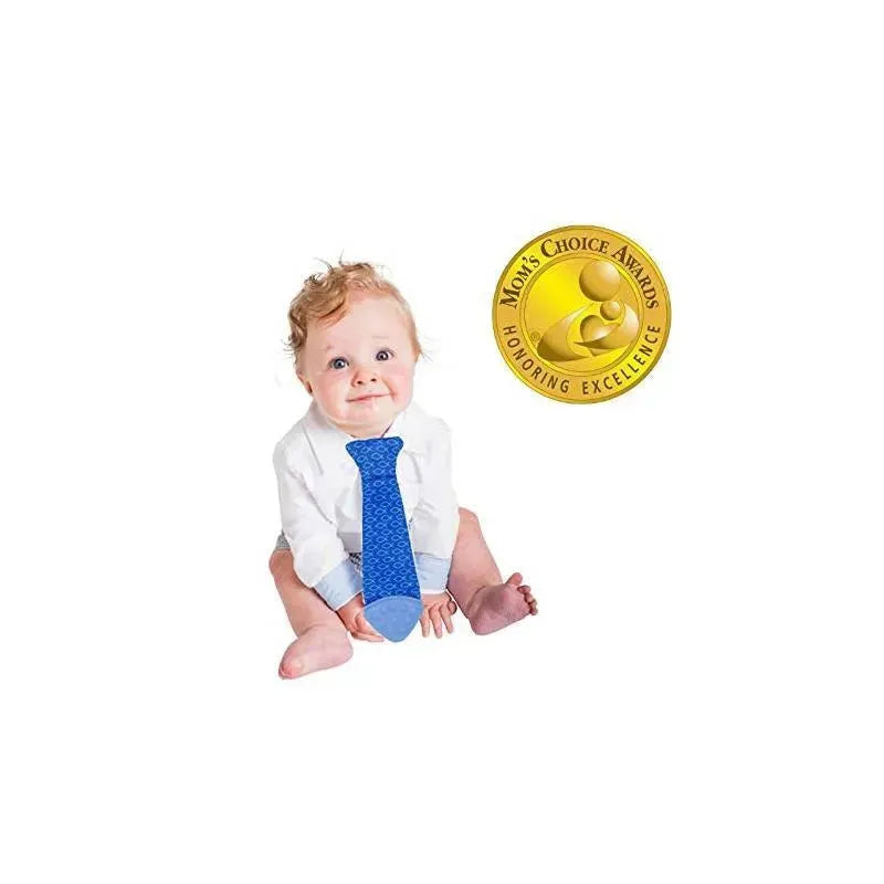 Baby wearing a blue fish-shaped teething bib tie sits with a smiling expression, alongside a “Mom’s Choice Awards” seal.