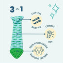 Teething bib tie in seersucker fabric featuring a green alligator pattern, serving as a clip-on baby tie, crinkle toy, and silicone teether.