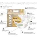 22Ct package of Terra 85% plant-based diapers, Size 2, highlighting natural materials and features like super absorbent polymers and a natural wetness indicator.
