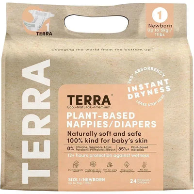 24-pack of Terra newborn diapers, 85% plant-based, size 1, featuring eco-friendly design and 12+ hours of protection.