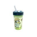 Bluey Baby Straw Cup, 12 oz, featuring a green design with a cartoon character holding a camera and surrounded by butterflies.