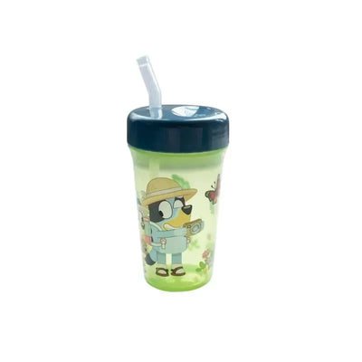 Bluey Baby Straw Cup, 12 oz, featuring a green design with a cartoon character holding a camera and surrounded by butterflies.