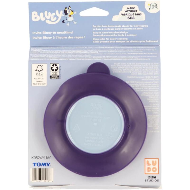 Suction bowl featuring Bluey character design, made without BPA, ideal for self-feeding, with deep sides for easy scooping.