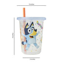 Bluey Take & Toss Straw Cup featuring a playful blue dog character, 4 inches tall, 3 inches wide, with a pink straw.
