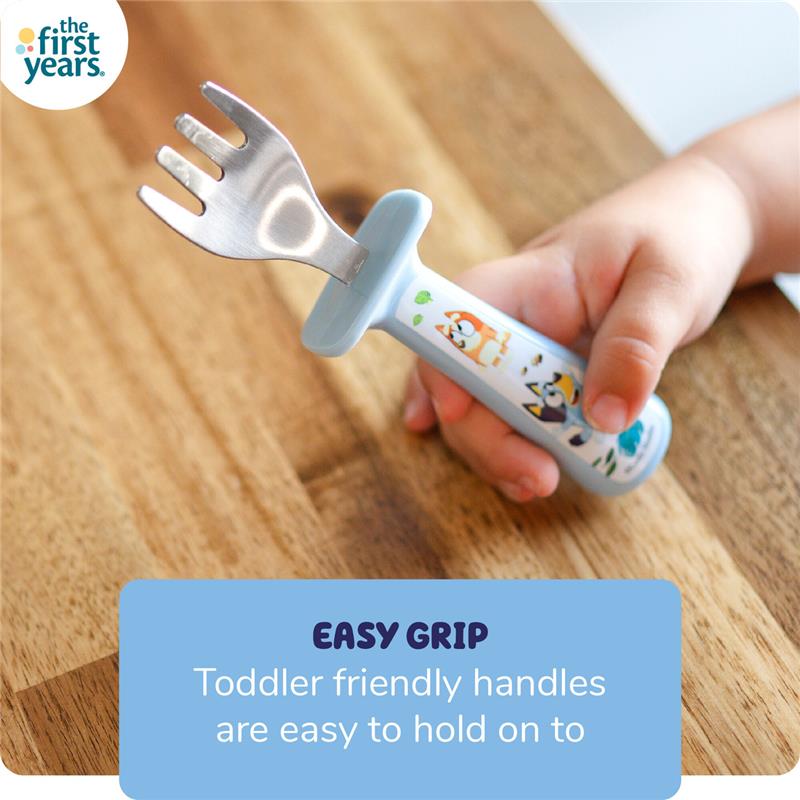 Toddler utensil featuring a blue grip with animal illustrations, designed for easy handling. Includes a fork with three prongs.