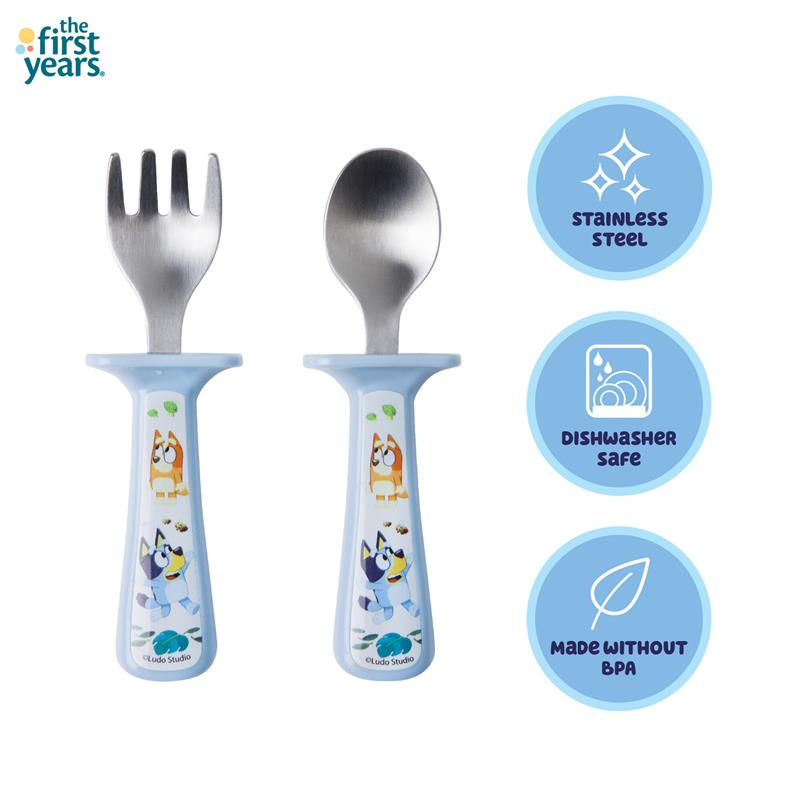 Bluey toddler utensils set featuring a fork and spoon with stainless steel heads, dishwasher safe, and BPA-free, with cartoon designs.