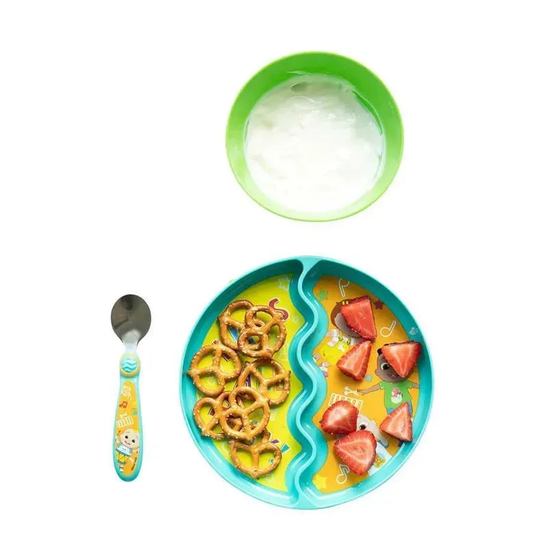 Cocomelon Baby Feeding Set featuring a divided plate with pretzels and strawberries, a green bowl with yogurt, and a spoon.