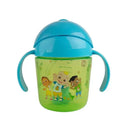 Kids weighted trainer cup featuring Cocomelon characters, with a blue lid and handles, for easy use by toddlers.