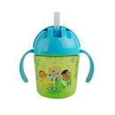 Kids weighted trainer cup with a green body, blue lid, and straw. Features Cocomelon characters smiling on the side.