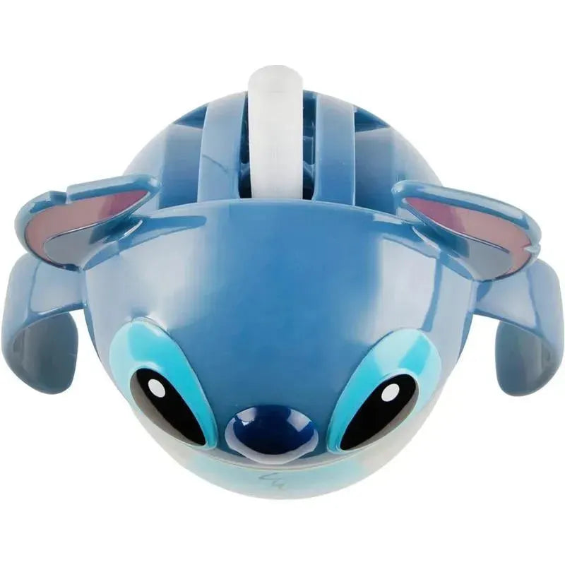 Disney Stitch baby training cup featuring a blue design with large eyes and ears, equipped with a straw for easy drinking.