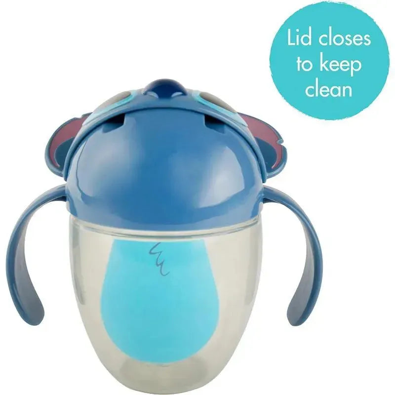 Disney Stitch Baby Training Cup featuring a blue lid, fun ears, and a closed lid for cleanliness.