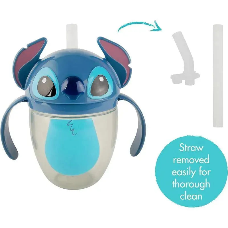 Disney Stitch baby training cup with removable straw, featuring a cute Stitch design and two handles for easy use.