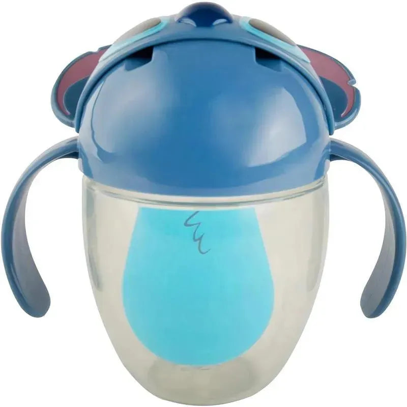 Disney Stitch-themed baby training cup with a blue lid and cute ear design, featuring a spill-proof spout and handles.