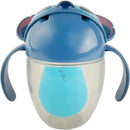Disney Stitch-themed baby training cup with a blue lid and cute ear design, featuring a spill-proof spout and handles.