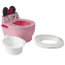 Minnie Mouse-themed 2-in-1 potty in pink, includes removable inner bowl and white trainer seat.