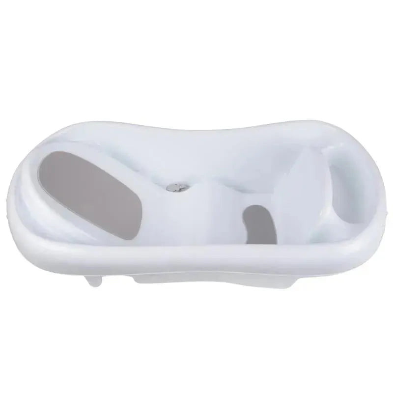 3-in-1 baby bathtub with a white base, designed for newborns to toddlers, featuring a comfortable shape and support areas.
