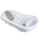 3-in-1 baby bathtub in white, designed for newborns to toddlers, featuring a molded support for comfort.