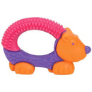 Brightly colored teether shaped like a lion, with a pink textured handle and a purple body, designed for infants.