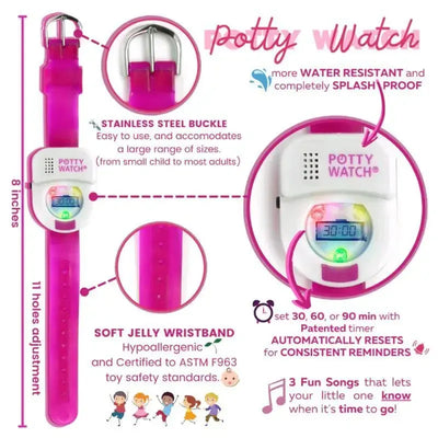 Blue Potty Watch with a stainless steel buckle, water-resistant features, and a timer that plays songs for potty training reminders.