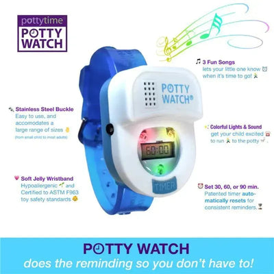 Green Potty Watch with a stainless steel buckle and colorful lights, features a timer displaying 60:00, designed to aid potty training.