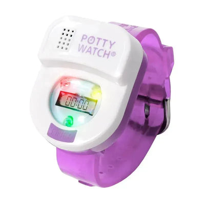 Purple potty training watch with digital display and colorful lights, designed to assist in potty training.