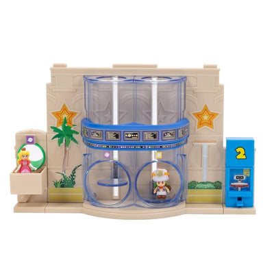 Diorama playset from The Super Mario Galaxy Movie featuring Princess Peach and Captain Toad in a colorful gateway setting.