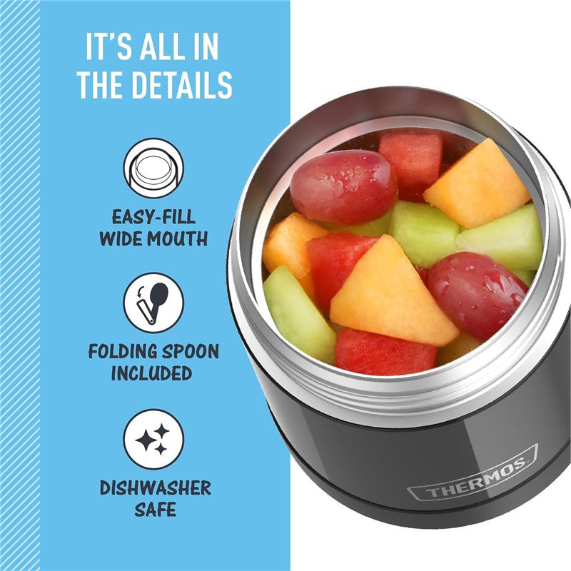 Thermos FUNtainer 10 oz stainless steel food jar in black, filled with mixed fruit, featuring easy-fill wide mouth, folding spoon, and dishwasher safe details.