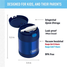 Thermos FUNtainer 10 oz food jar in navy, featuring an integrated spoon holder, leak-proof design, and vacuum insulation.