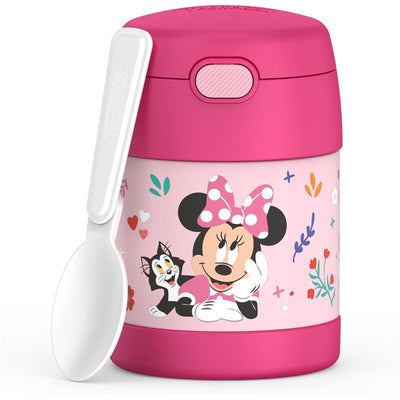 Thermos FUNtainer 10 oz food jar featuring Minnie Mouse and a black cat design, with a white spoon attached.