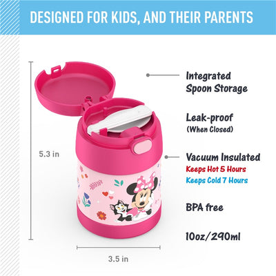 Thermos FUNtainer Stainless Steel Food Jar, 10 oz, featuring Minnie Mouse design, with a pink lid, integrated spoon storage, and insulation details.