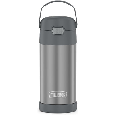 Thermos FUNtainer 12 oz stainless steel water bottle in gray with a plastic lid and carry handle.